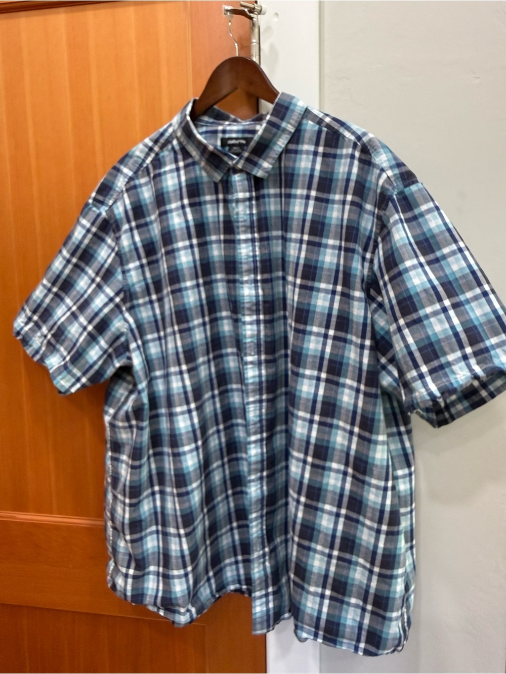 Claiborne Navy and Light Blue Plaid Short-Sleeve Button-Down